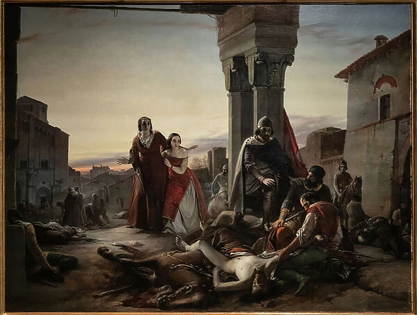 Ricciardino Langoscos mother searching the corpse of her son killed during the conquest of Pavia at the hands of Matteo Visconti in 1315, 1846 (oil on canvas)