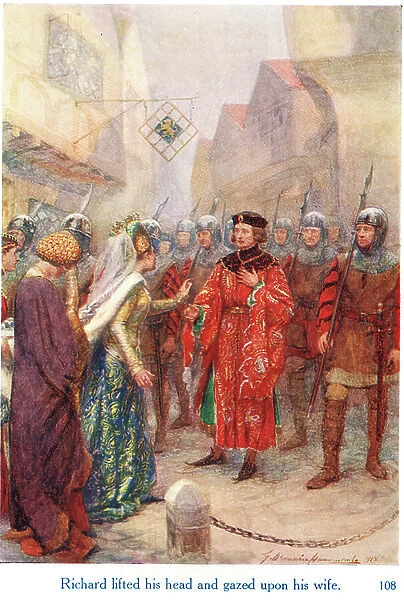 Richard lifted his head and gazed upon his wife, illustration from Shakespeare's stories of the English Kings, published by George Harrap & Son, 1912 (colour litho)
