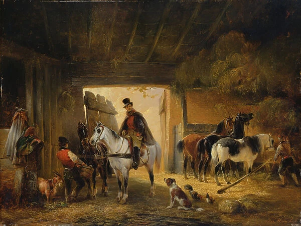 A Rider watering his Horse in a Stable, 1840 (oil on board)