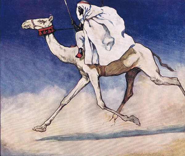 Riding a camel, illustration from Helpers Without Hands by Gladys Davidson, published in 1919 (colour litho)