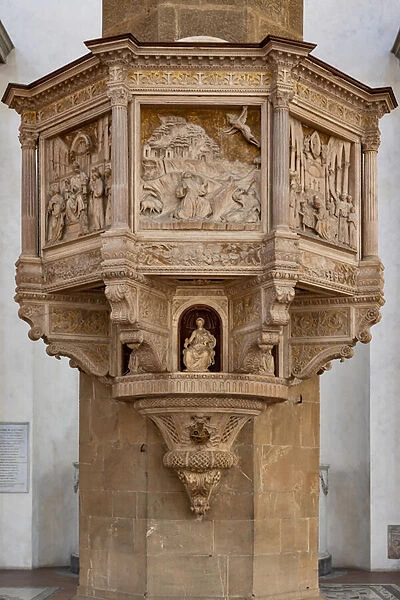 Right aisle: Pulpit with scenes from the life of St. Francis, c. 1481