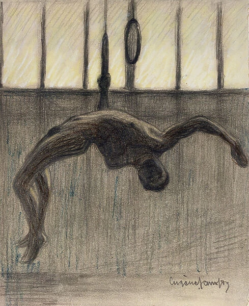 Ring Gymnast, 1911 (pencil & coloured chalks on paper laid on gilt edged card)