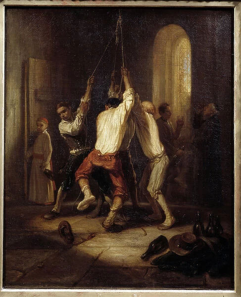 The ringtones. Men pull the rope to ring the bells. Painting by Alexandre Gabriel Decamps