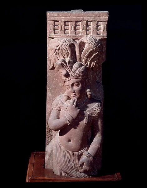 Rishyasringa, a boy born with the horns of a deer, ecstatic after his first sexual experience (red sandstone sculpture, Kushan Empire)
