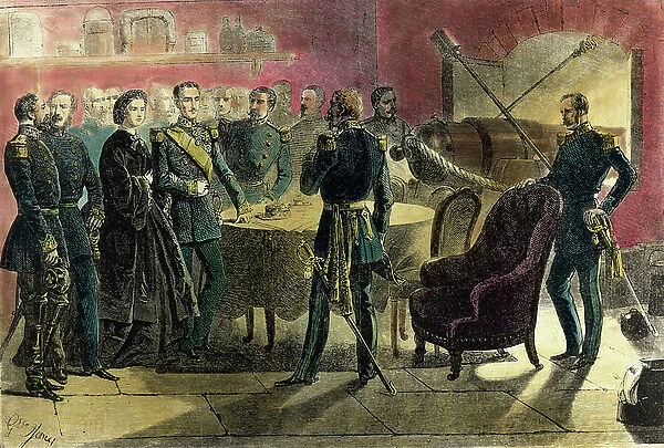 Risorgimento - Expedition des Mille ou des Chemises rouges de Giuseppe Garibaldi (1807-1887) - Siege de Gaete, Italie, 1861 : conseil de guerre tenu par le roi de Naples, Francois II (1836-1894), pendant l'armistice a Gaete (Gaeta)