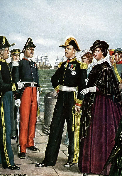 Risorgimento: King Francois (Francesco) II of the two Sicilies and his wife Maria Sofia de Wittelsbach (Marie-Sophie de Baviere), in Sicilian costume, leave Gaete on 13 / 02 / 1861"