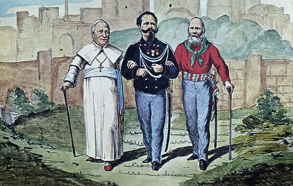 Risorgimento: ' the perfect trinity ' hoped but never realized. Pope Pius IX (1792-1878), King of Italy Vittorio Emanuele II (Victor Emmanuel) (Victor Emmanuel) (1820-1878) and Giuseppe Garibaldi (1807-1882). 1870