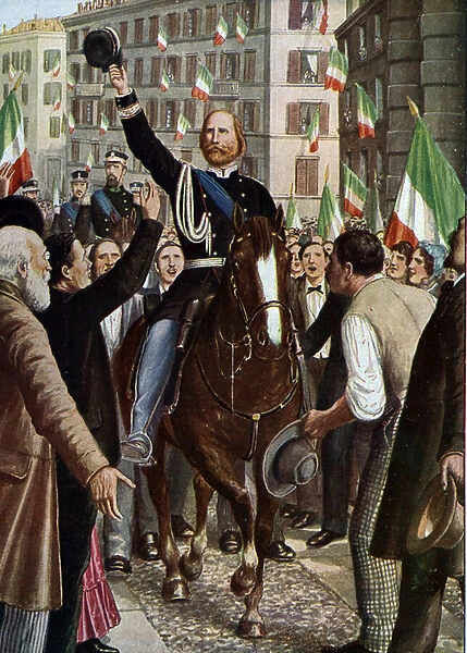 Risorgimento: 'The Italian patriot Giuseppe Garibaldi marching triumphantly through the streets of Naples in 1860'(People cheering as Giuseppe Garibaldi rides into Naples on horseback)