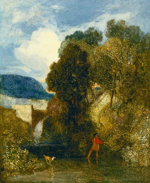 A River Landscape with an Angler and his Dog (oil on canvas)