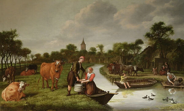 River Landscape with a couple carrying a milk churn