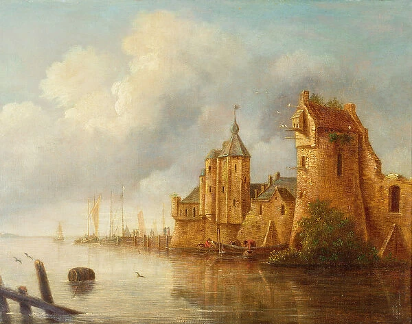 A river landscape with fishermen by a castle