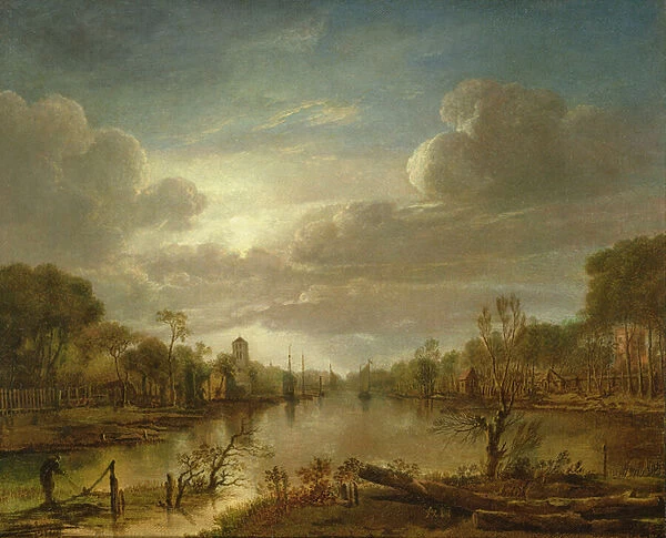 A river landscape by moonlight, 17th century