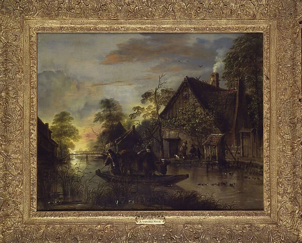 A River Landscape with Peasants Ferrying a Bull, Peasants by a Cottage Beyond