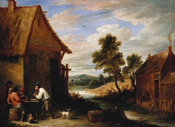 A River Landscape with Peasants Outside a Tavern (oil on panel)