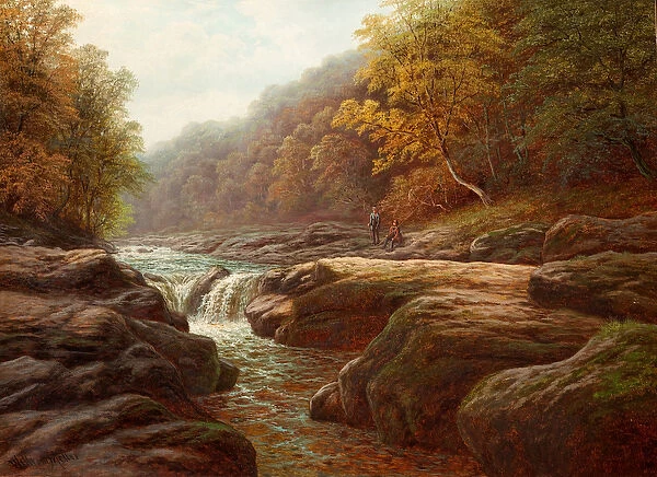 A River Scene with Anglers (oil on canvas)