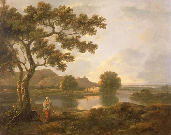 River Scene with a Farmhouse (oil on canvas)