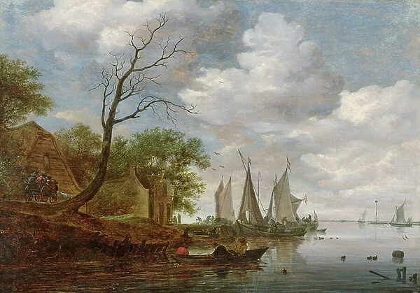 River Scene with Sailing Boats unloading at the Shore (oil on panel)