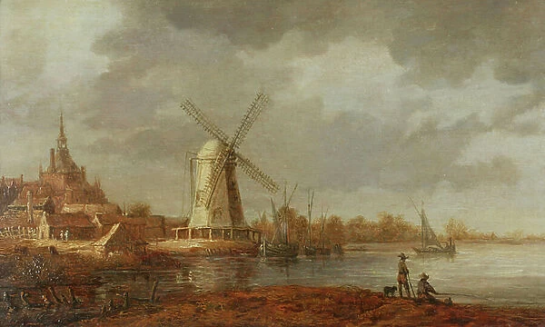 River scene with a view of Dordrecht (oil on panel)