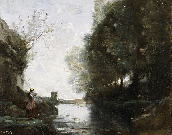 A River with a Square Tower and a Farmer in the foreground, c. 1865-70 (oil on canvas)