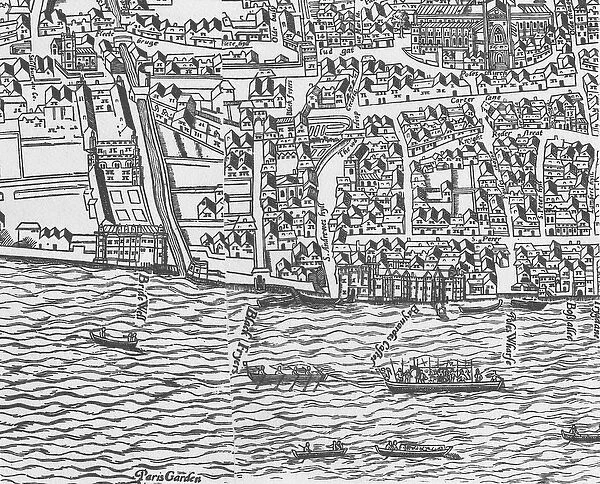 Detail of River Thames and St Pauls Cathedral from Civitas Londinium (woodblock