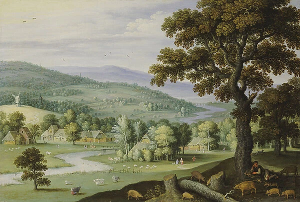 A river valley with a swineherd resting under a tree in the foreground