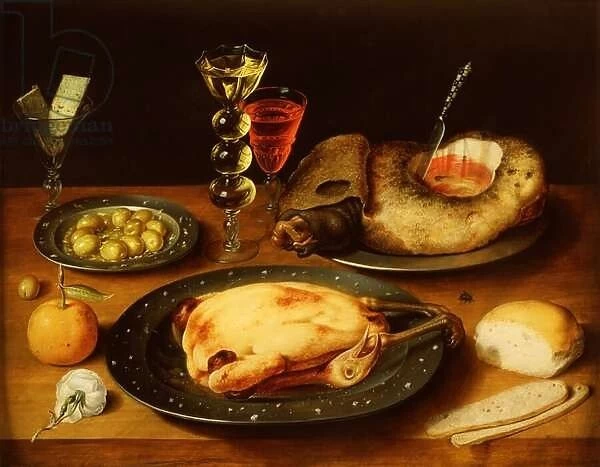 Roast Chicken, Ham and Olives on a Pewter Plate (oil on panel)