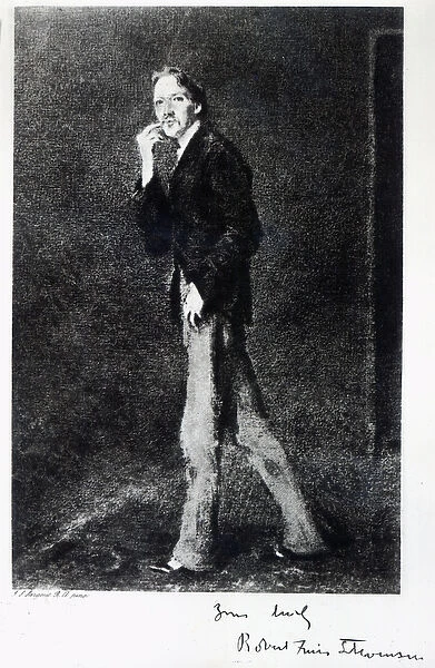 Robert Louis Stevenson (engraving) (b  /  w photo)