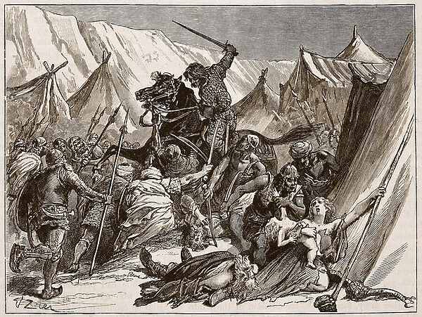 Robert of Normandy rallying the Crusaders, illustration from Cassells Illustrated History of England (engraving) (sepia photo)