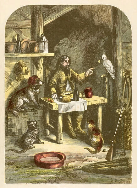 Robinson Crusoe at dinner with his little family