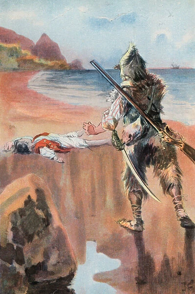 Robinson Crusoe: I find a drowned boy (colour litho)