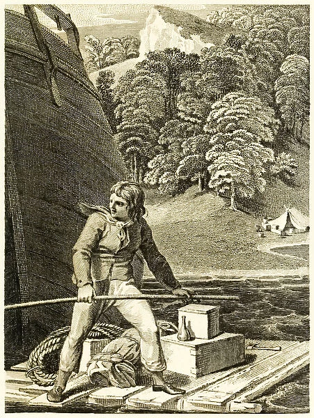 Robinson Crusoe upon his raft from 'The Life