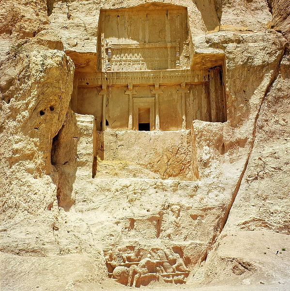 The rock-cut tomb of Artaxerxes I, c. 466-464 BC, with a Sasanian relief below depicting