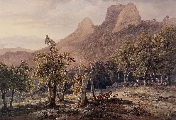 Rocky Landscape with figures and a lake in the background
