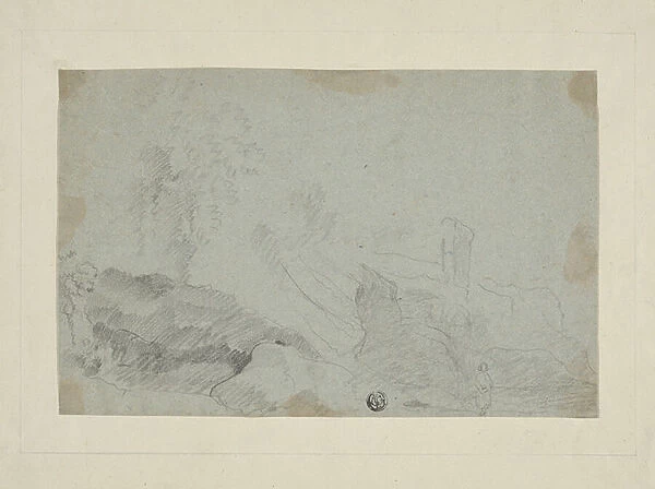 Rocky Landscape with Standing Figure (charcoal on blue laid paper