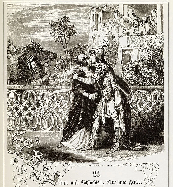 Rodrigo (Rodrigue) Diaz count of Bivar (El Cid) kisses his spouse Chimene before leaving to fight the Maurs, Illustration for 'Le Cid', 1802 (engraving)