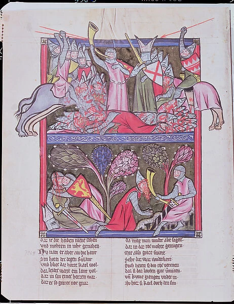 Roland blows the horn at Roncevaux, illustration from Le Chanson de Roland