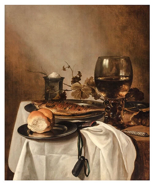 A Roll, Herring, Silver Saltcellar, Large Roemer and Knife on a Draped Table, c. 1644 (oil on panel)