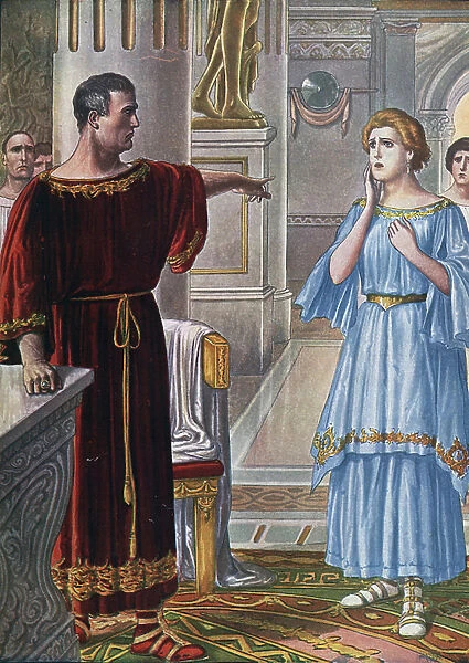 Roman antiquite: the Roman emperor Augustus (63 BC-14 AD) chases his daughter Julie (Julia Caesaris filia) (39 BC-14), guilty of adultery, in exile on the island of Pandateria