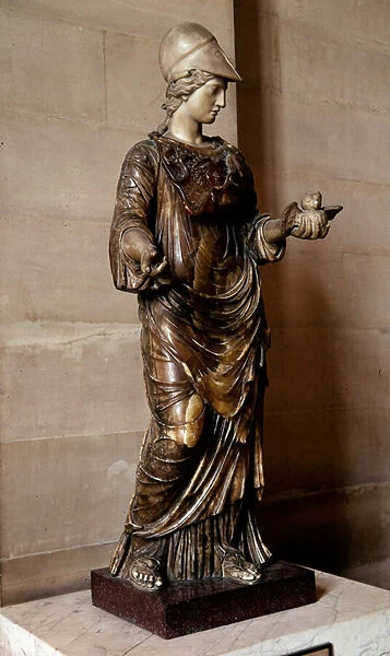 Roman antiquite: statue of Minerva draped and covered with the egide holding an owl in