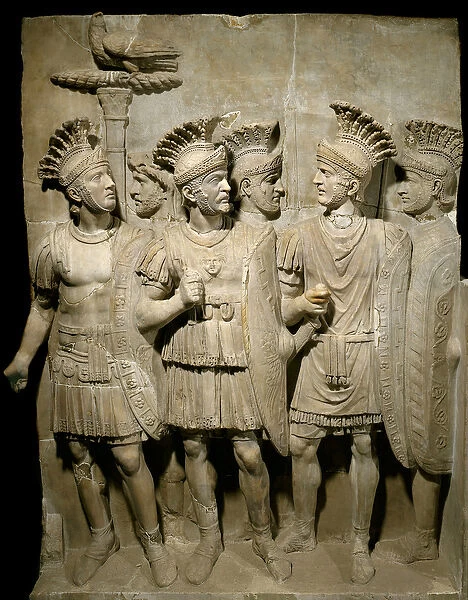 Roman art: marble relief representing the pretorian guard, legionaries and elite soldiers