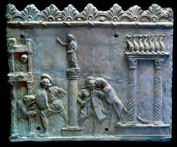 Roman art: scene of combat of gladiators against beasts or venatio. 1st century BC. Geneva, Museum of Art and History