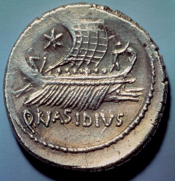 Roman art: silver coin representing a Roman galley. Paris, B. N