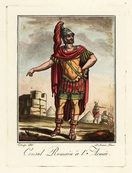 Roman consul in military uniform, ancient Rome. 1796 (engraving)