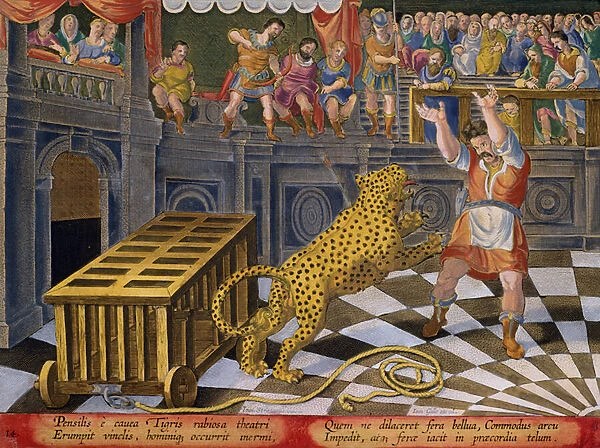 The Roman Emperor Commodus Fires an Arrow to Subdue a Leopard which has Escaped from its Cage in the Arena, plate 14 from Venationes Ferarum, Avium, Piscium (Of Hunting: Wild Beasts, Birds)