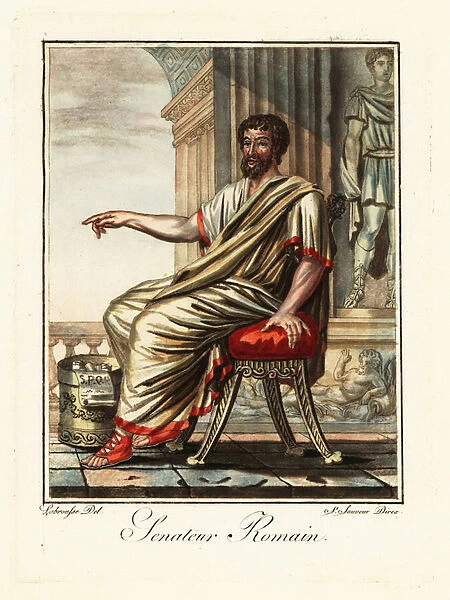 Roman senator seated on a chair, ancient Rome. 1796 (engraving)