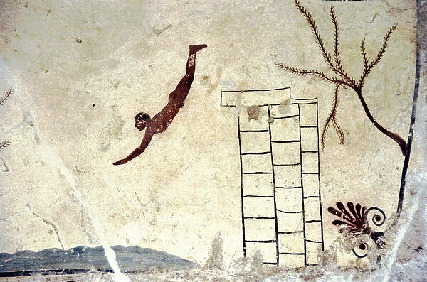 Roman wall painting of the tomb called the diver (tuffatore)