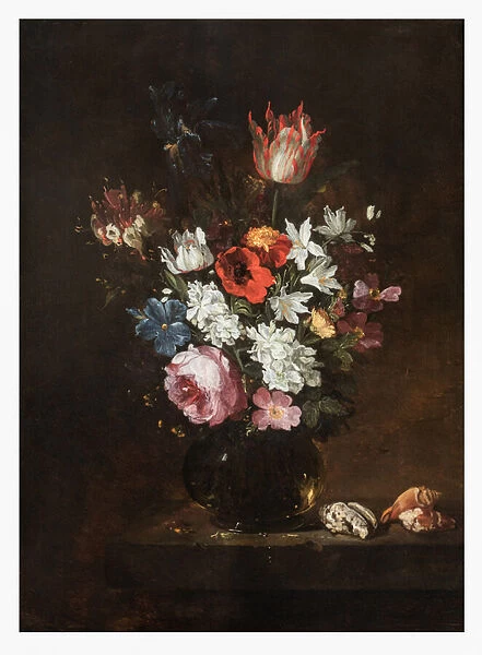 A Rose, Tulip, Iris, Poppies, Honeysuckle, and other Flowers in a Glass Vase withSeashells on a Ledge, 1651 (oil on panel)