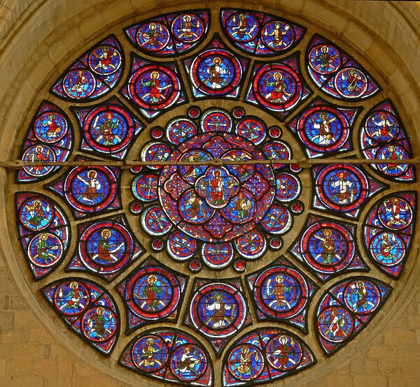 Rose window depicting the Virgin Mary surrounded by the twelve apostles