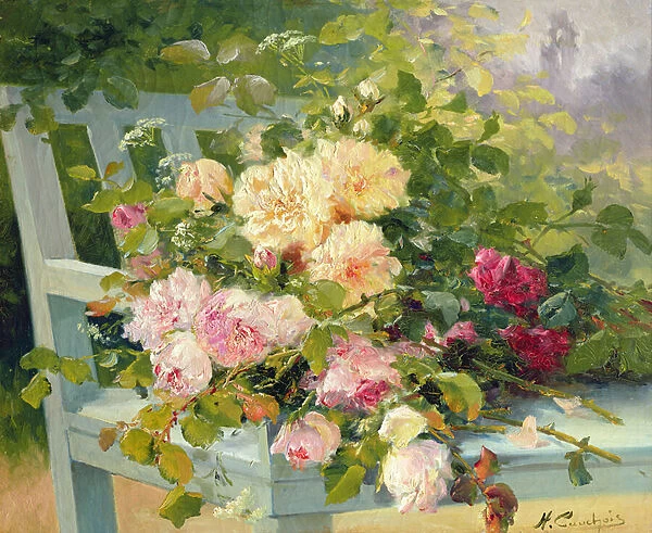 Roses on the bench (oil on canvas)