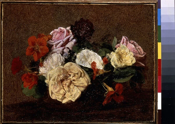 Roses et Nasturtiums dans un vase. Peinture de Henri Fantin-Latour (Fantin Latour, 1836-1904), 1883. Dim : 28x36cm. Huile sur toile. Musee de l Ermitage Saint Petersbourg